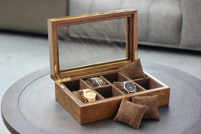 Solid Walnut Watch Box, 8-Compartment Display Case with Glass Lid