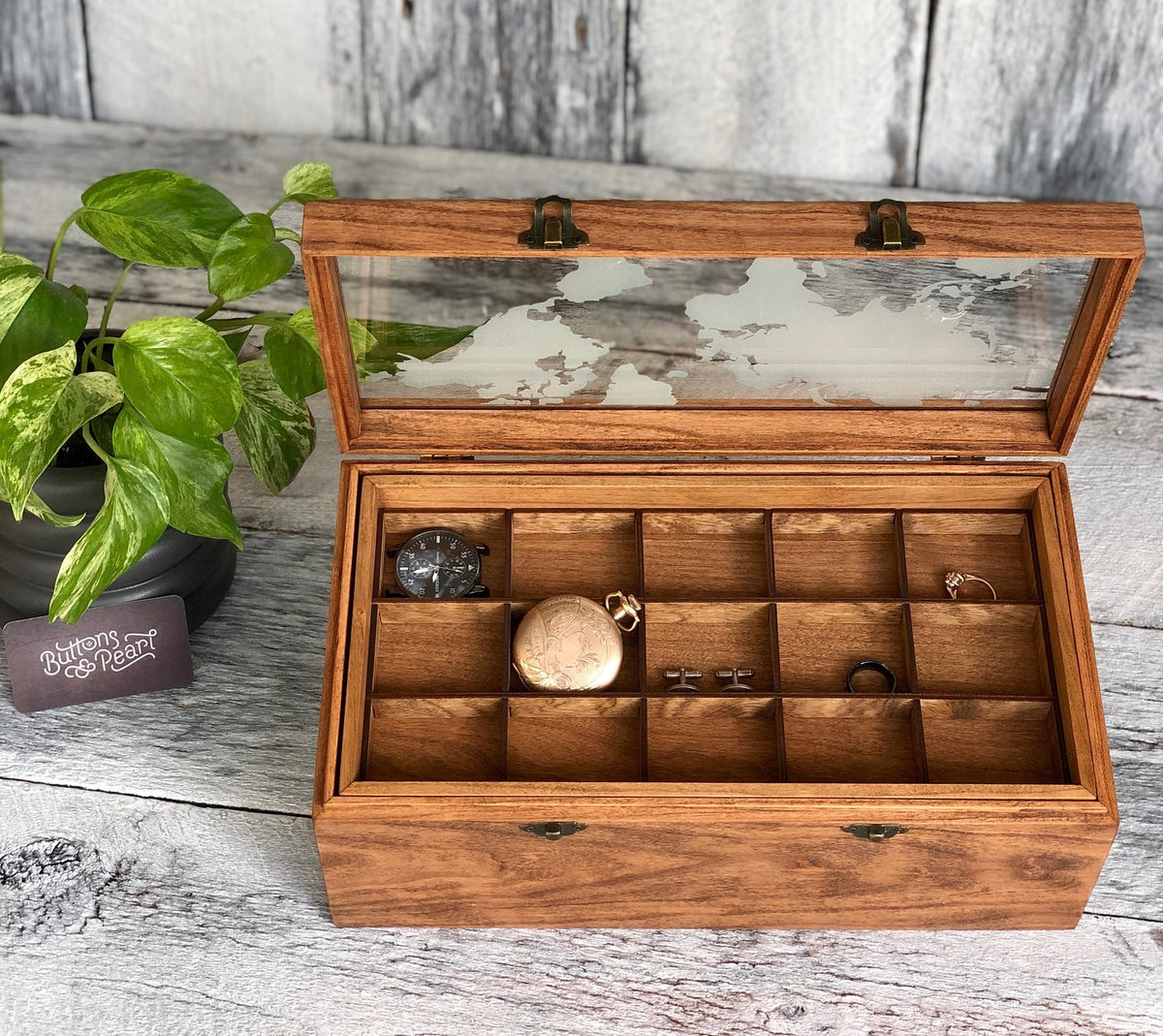 Handmade Wood Watch Box: Glass Top, Valet Tray & Cufflink Storage