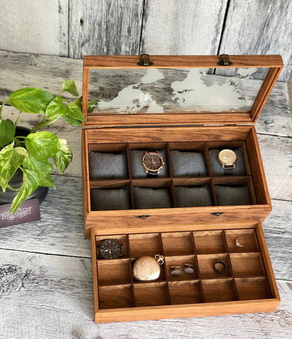 Handmade Wood Watch Box: Glass Top, Valet Tray & Cufflink Storage