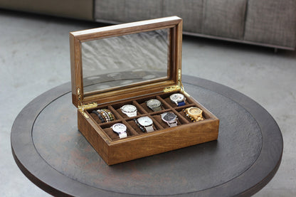Solid Walnut Watch Box, 8-Compartment Display Case with Glass Lid