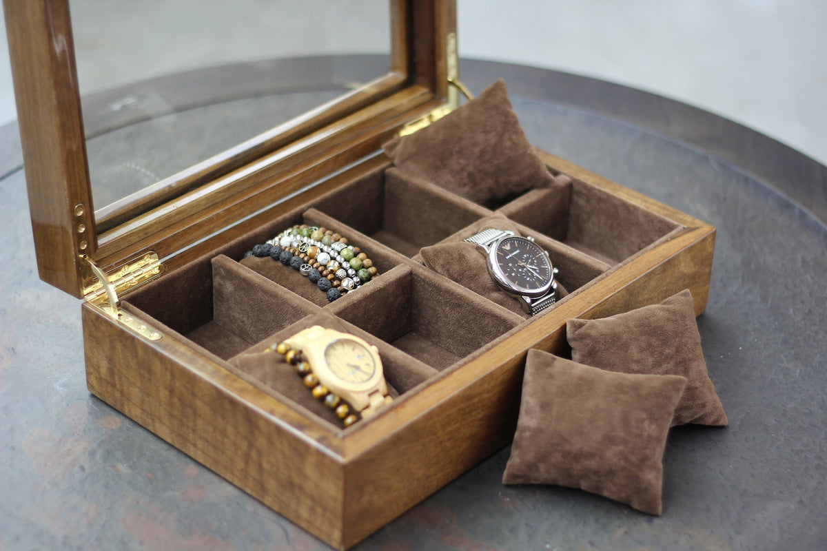 Solid Walnut Watch Box, 8-Compartment Display Case with Glass Lid