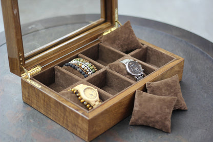 Solid Walnut Watch Box, 8-Compartment Display Case with Glass Lid