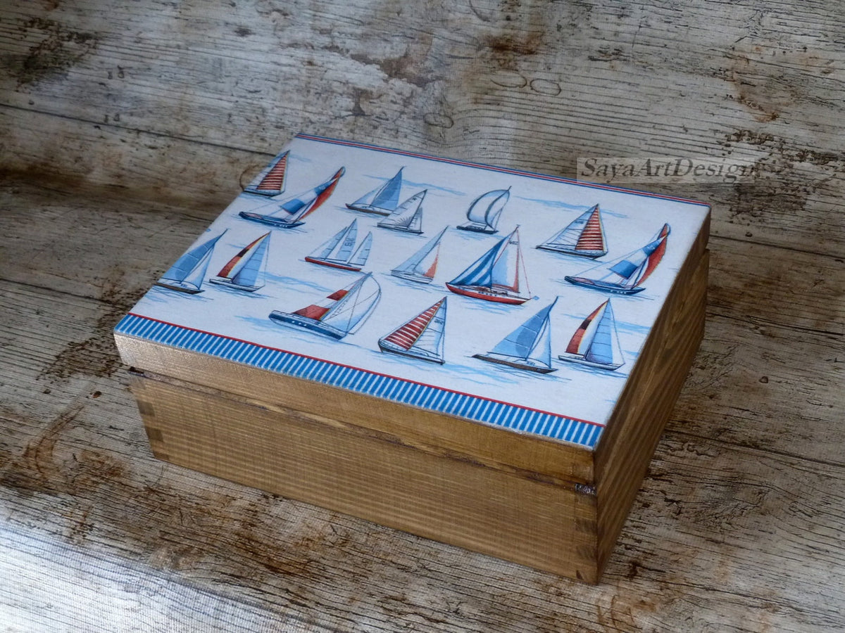 Nautical Wooden Watch Box, Sailing Boat Keepsake Gift for Him
