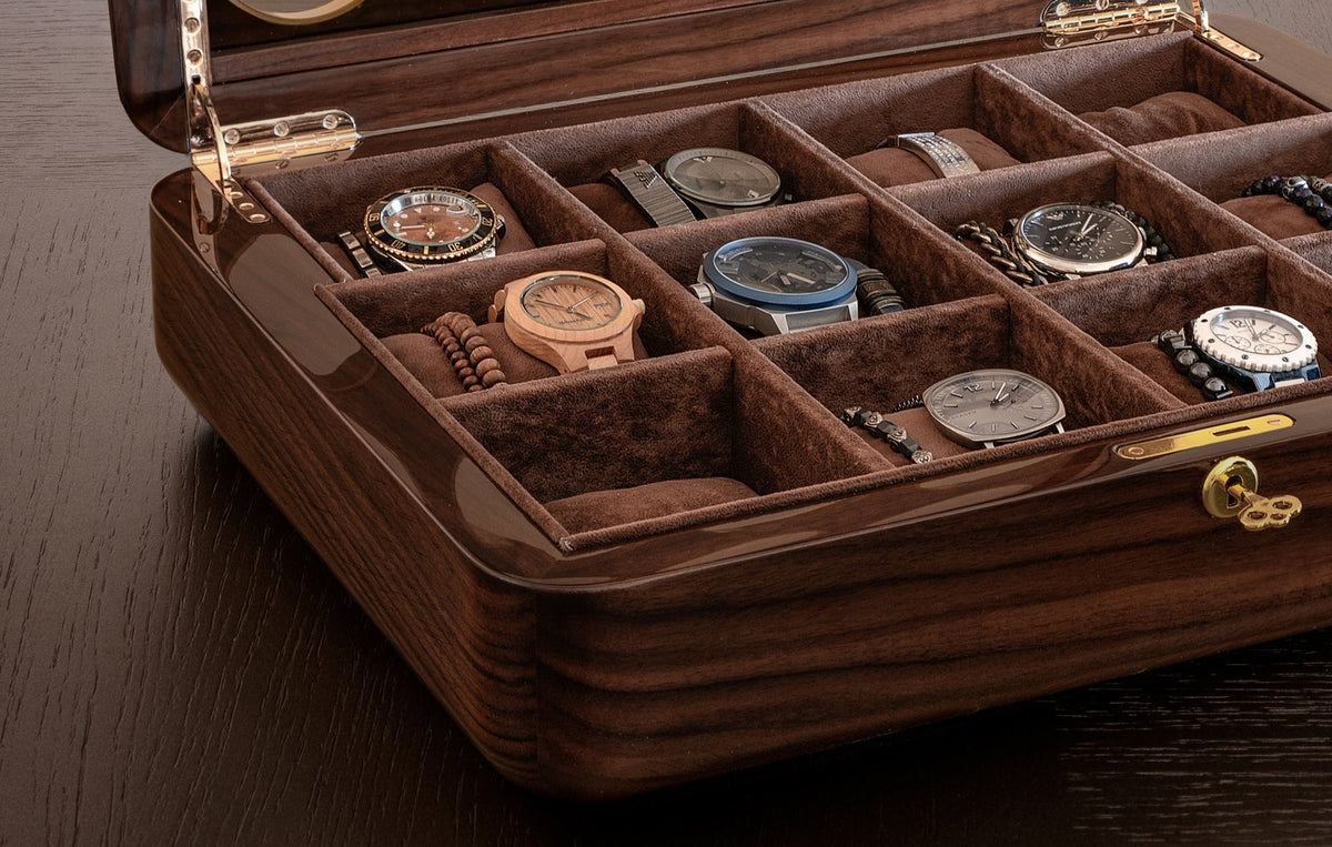 Walnut Wood Watch Box: Large 12-Watch Organizer