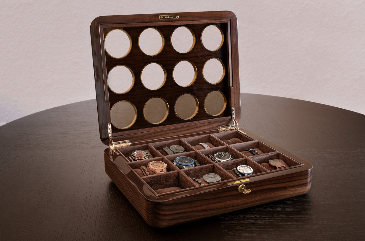 Walnut Wood Watch Box: Large 12-Watch Organizer