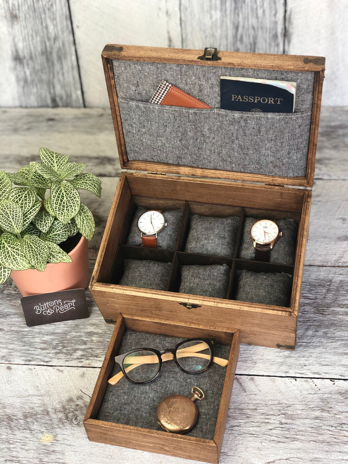 Handmade Linen Watch Box: cherry Wood dark walnut stain - valet Tray, 6 Compartments