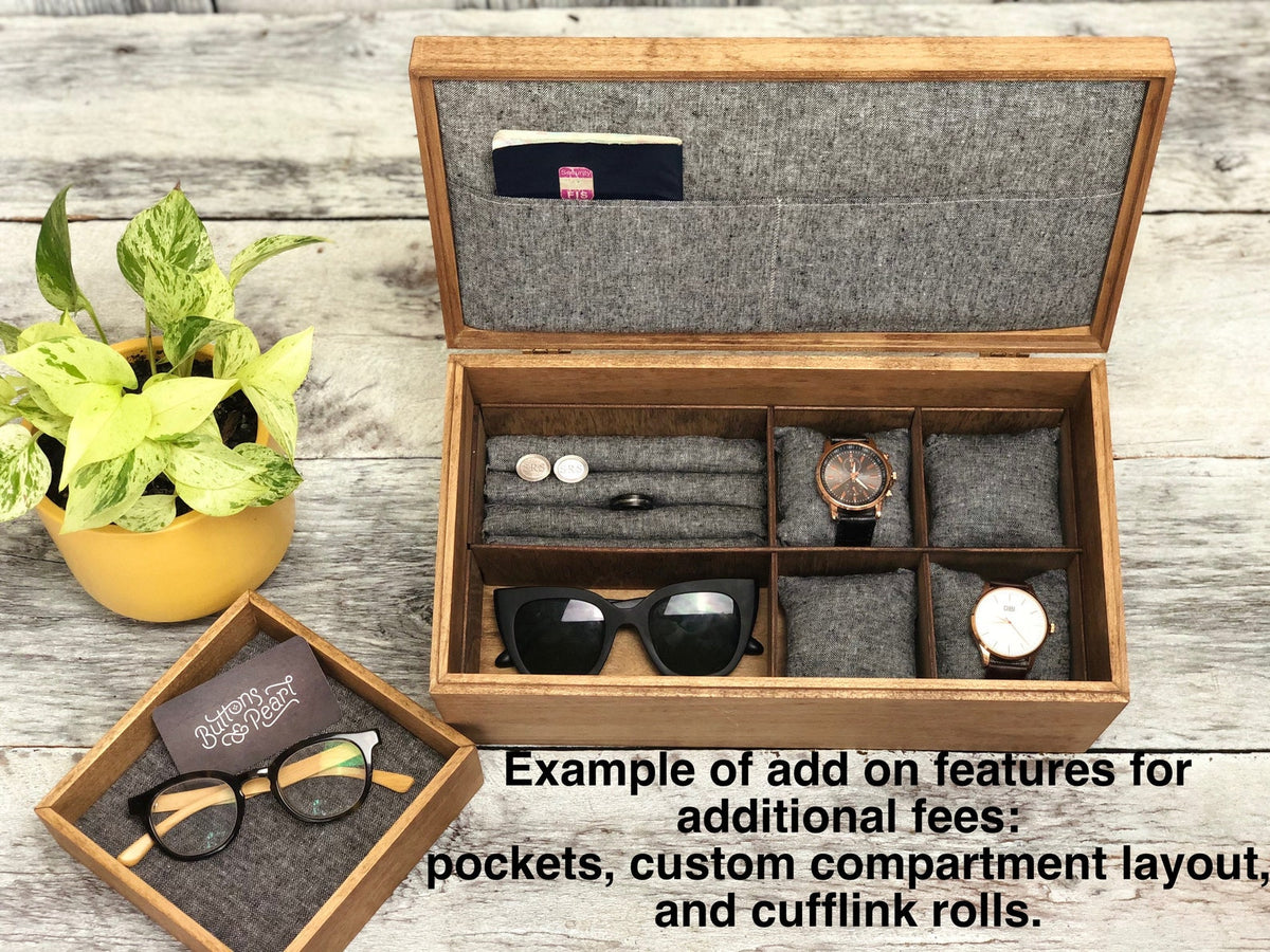 Handmade Linen Watch Box: cherry Wood dark walnut stain - valet Tray, 6 Compartments
