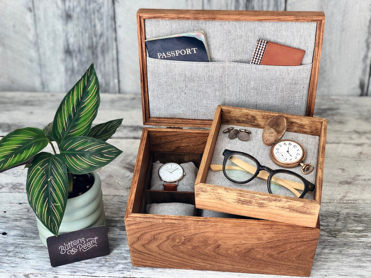 Handmade Linen Watch Box: cherry Wood dark walnut stain - valet Tray, 6 Compartments