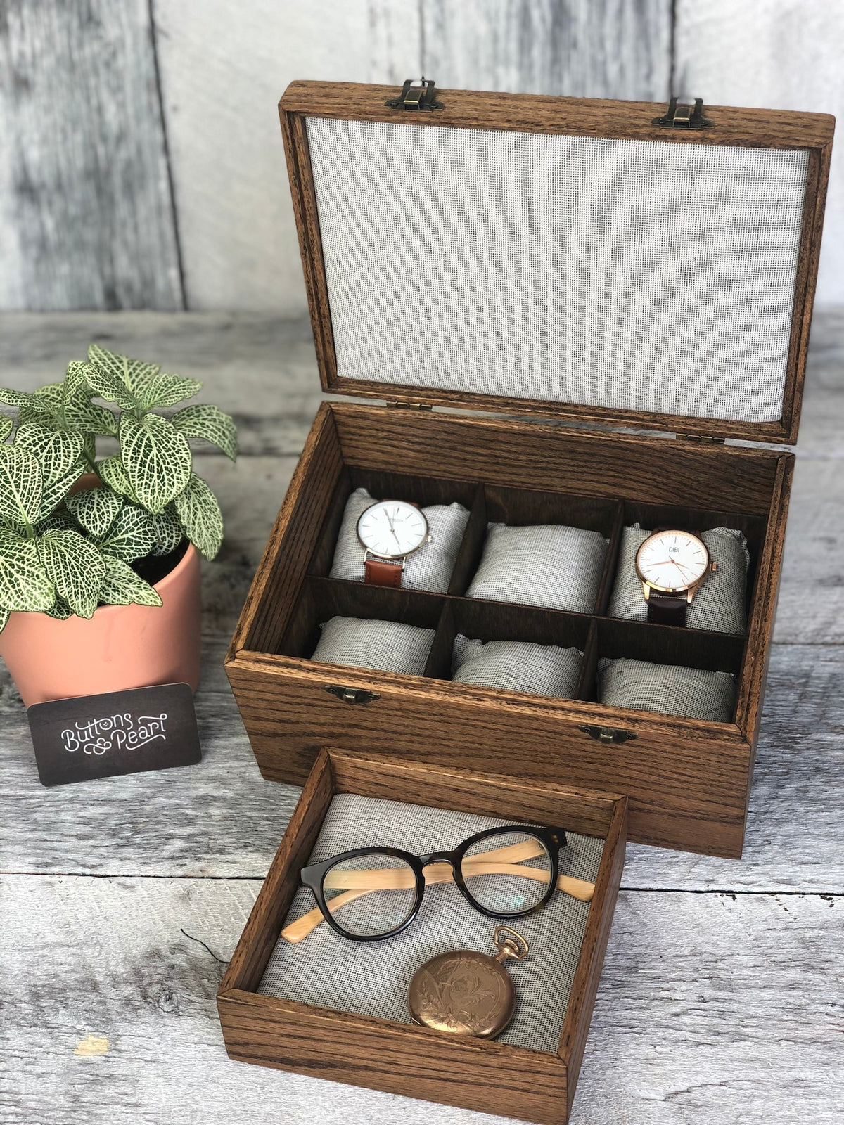 Handmade Linen Watch Box: cherry Wood dark walnut stain - valet Tray, 6 Compartments