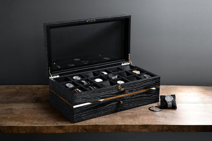 Black Oak Watch Box with Drawer: Large Wooden Watch Organizer
