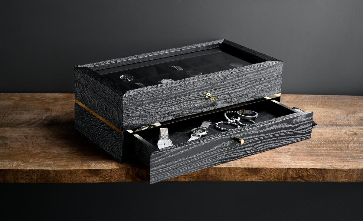 Black Oak Watch Box with Drawer: Large Wooden Watch Organizer