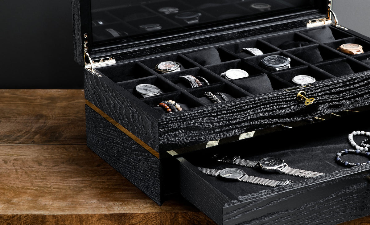 Black Oak Watch Box with Drawer: Large Wooden Watch Organizer