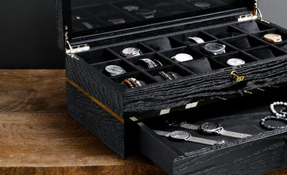 Black Oak Watch Box with Drawer: Large Wooden Watch Organizer