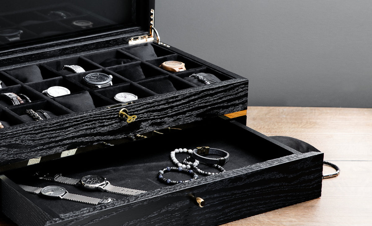 Black Oak Watch Box with Drawer: Large Wooden Watch Organizer