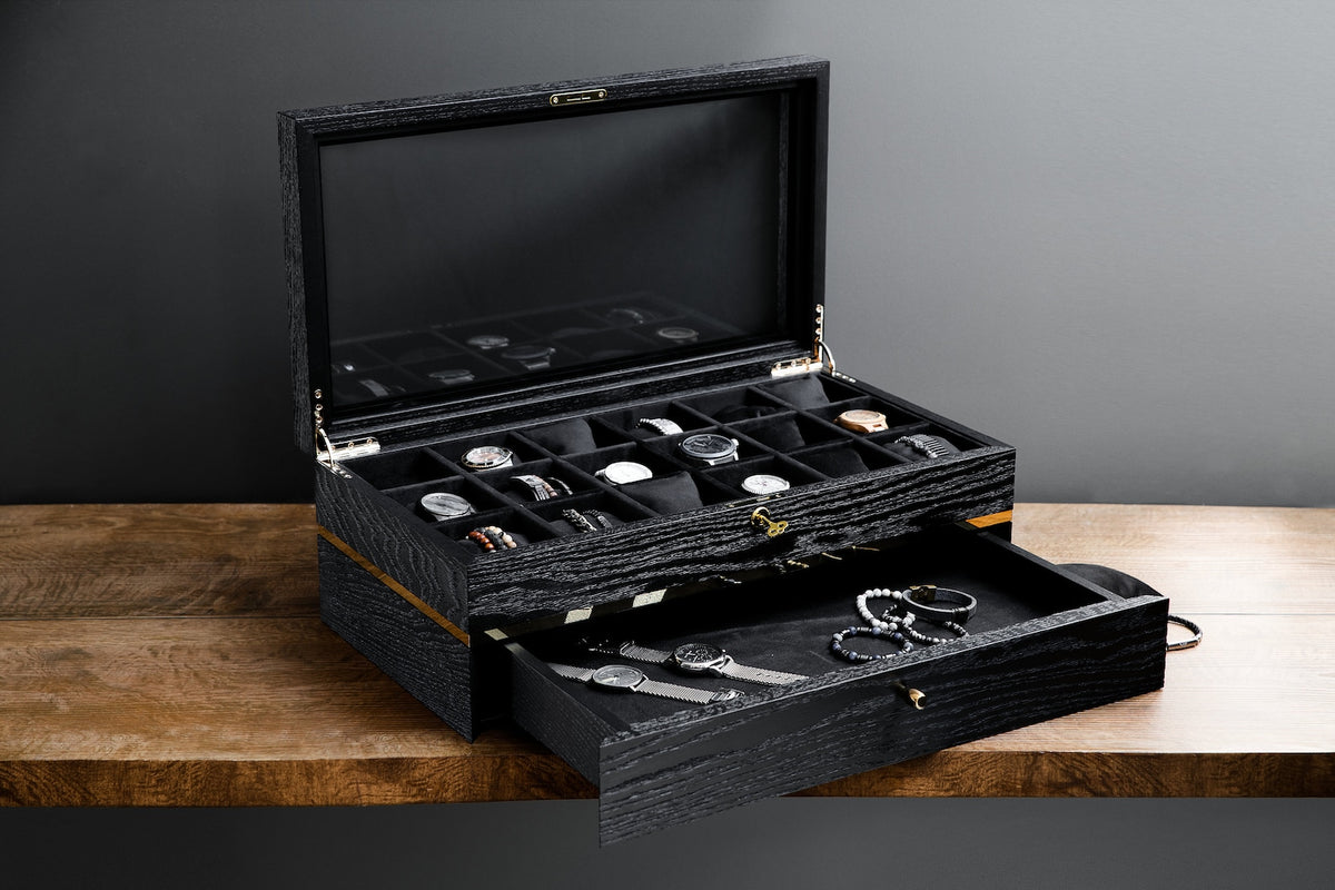 Black Oak Watch Box with Drawer: Large Wooden Watch Organizer