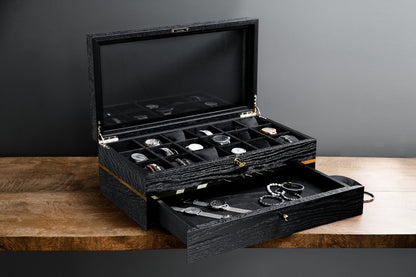 Black Oak Watch Box with Drawer: Large Wooden Watch Organizer