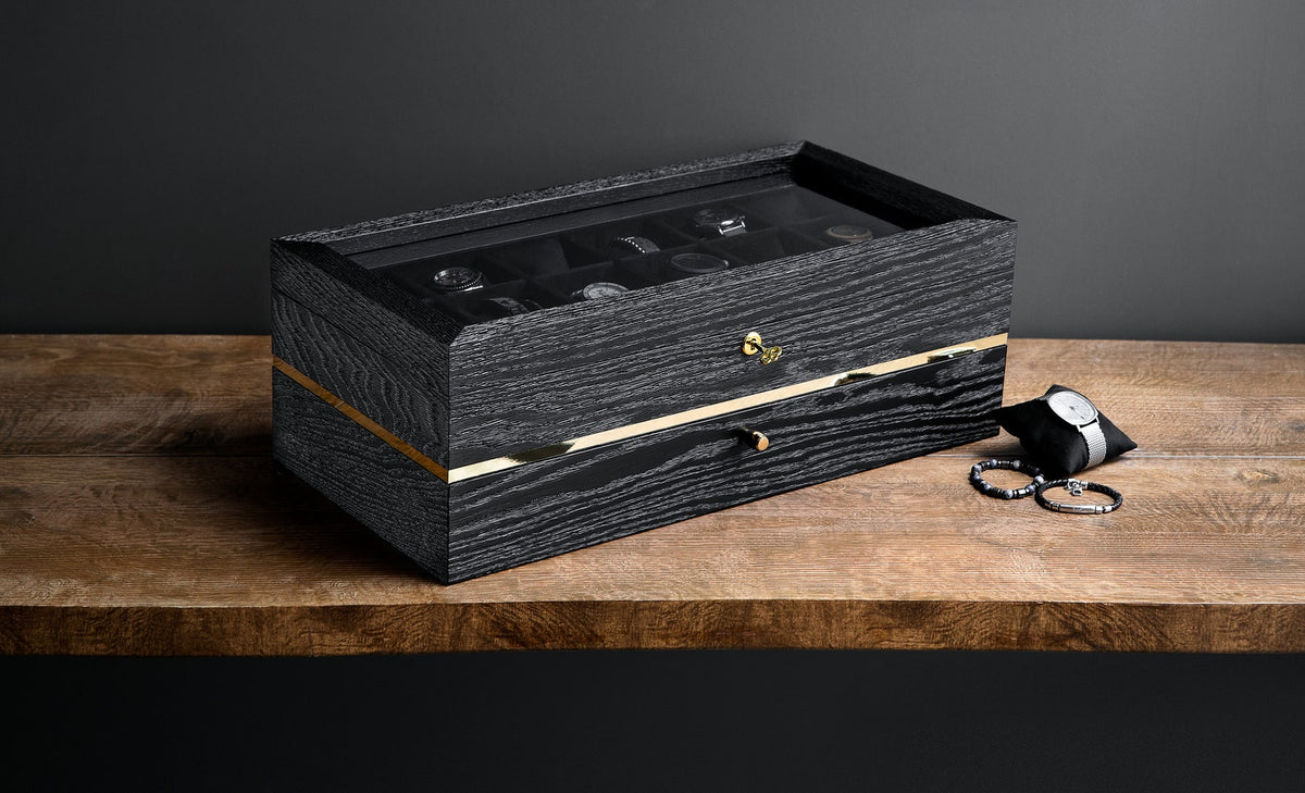 Black Oak Watch Box with Drawer: Large Wooden Watch Organizer