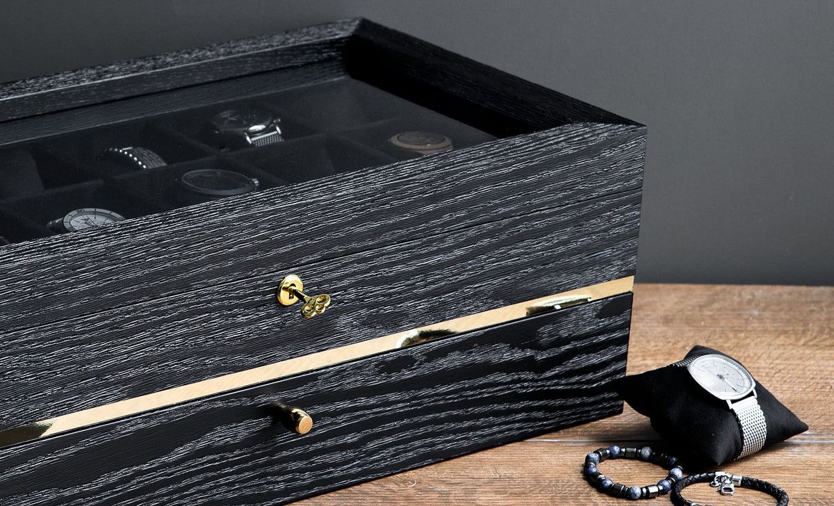 Black Oak Watch Box with Drawer: Large Wooden Watch Organizer