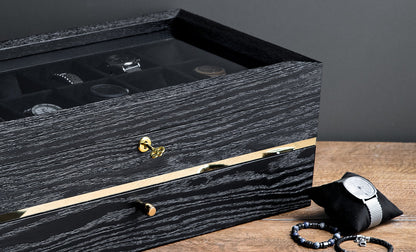 Black Oak Watch Box with Drawer: Large Wooden Watch Organizer