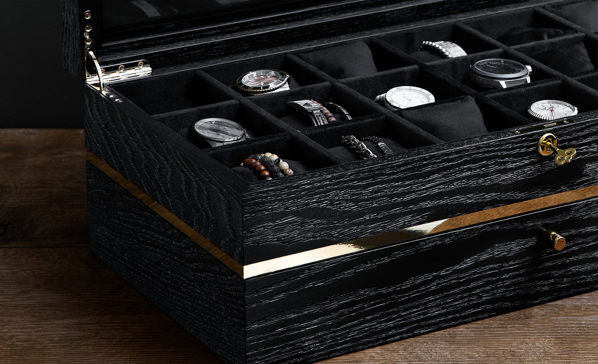 Black Oak Watch Box with Drawer: Large Wooden Watch Organizer