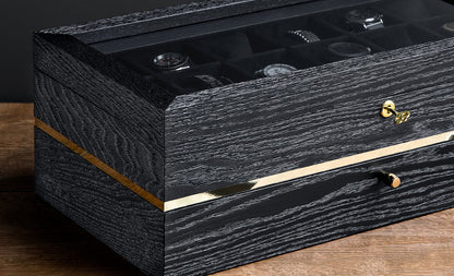 Black Oak Watch Box with Drawer: Large Wooden Watch Organizer