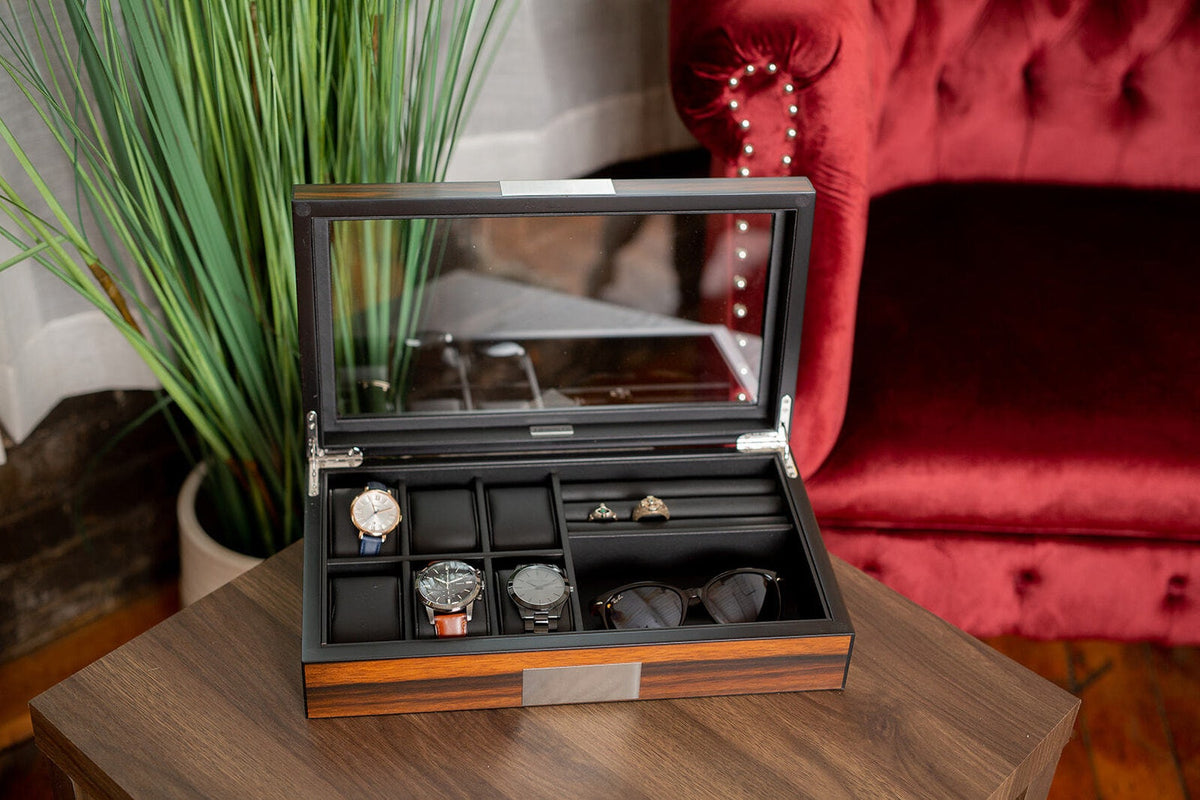 Ebony Sunglasses and Watch Box for Women, Faux Leather Watch Box with Custom Text, Jewelry Box for Her, Custom Logo Watch and Cufflink Case