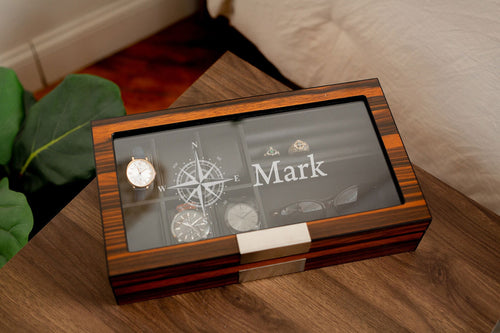 Custom Image Ebony Sunglasses and Watch Box, Faux Leather Watch Box, Ebony Jewelry Box for Him, Custom Logo Watch and Cufflink Case