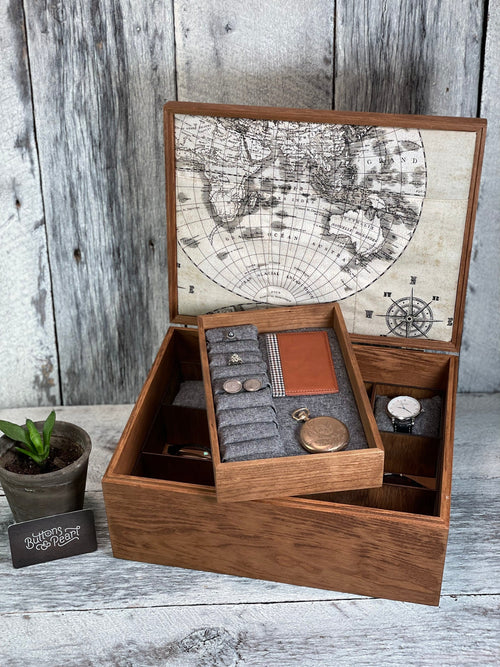 Wood Watch Box: 12 Compartment Organizer, Linen Valet Tray