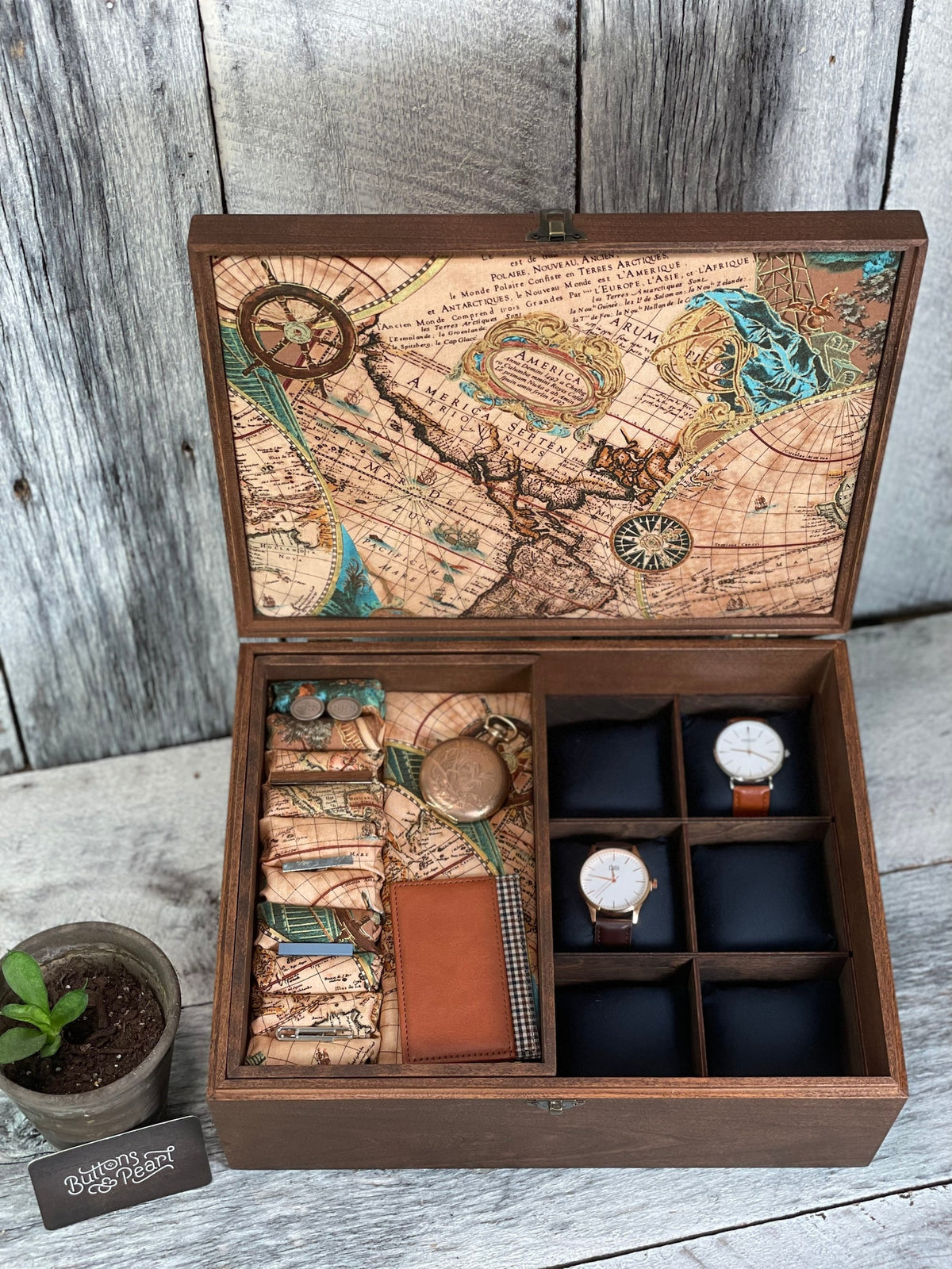 Wood Watch Box: 12 Compartment Organizer, Linen Valet Tray