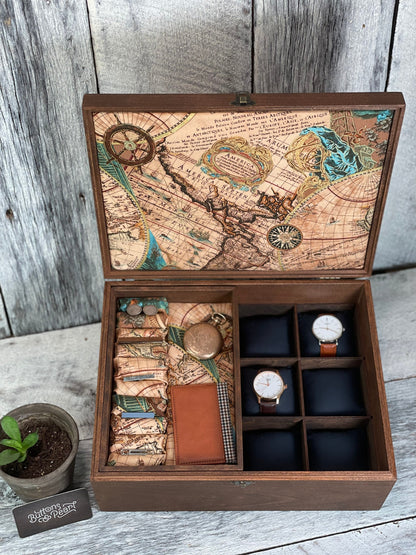 Wood Watch Box: 12 Compartment Organizer, Linen Valet Tray