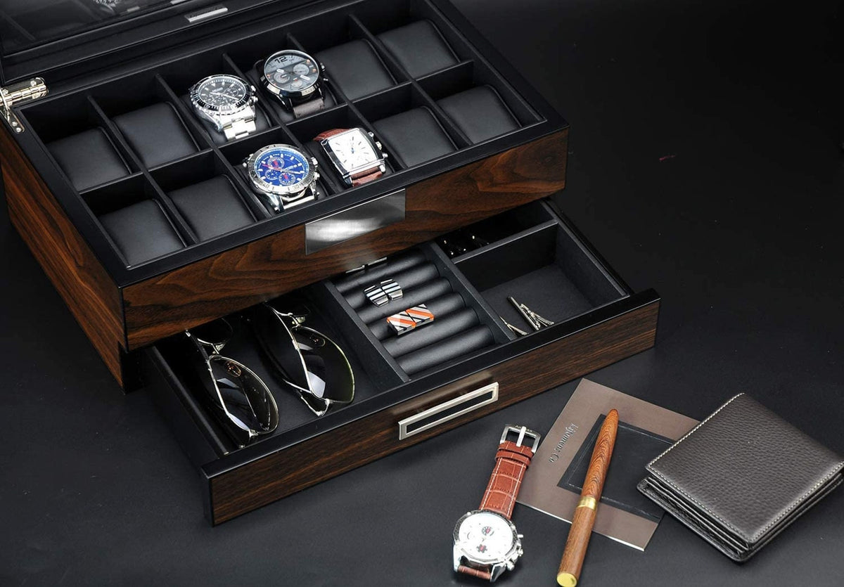 Custom Image Ebony Sunglasses and Watch Box, Faux Leather Watch Box, Ebony Jewelry Box for Him, Custom Logo Watch and Cufflink Case