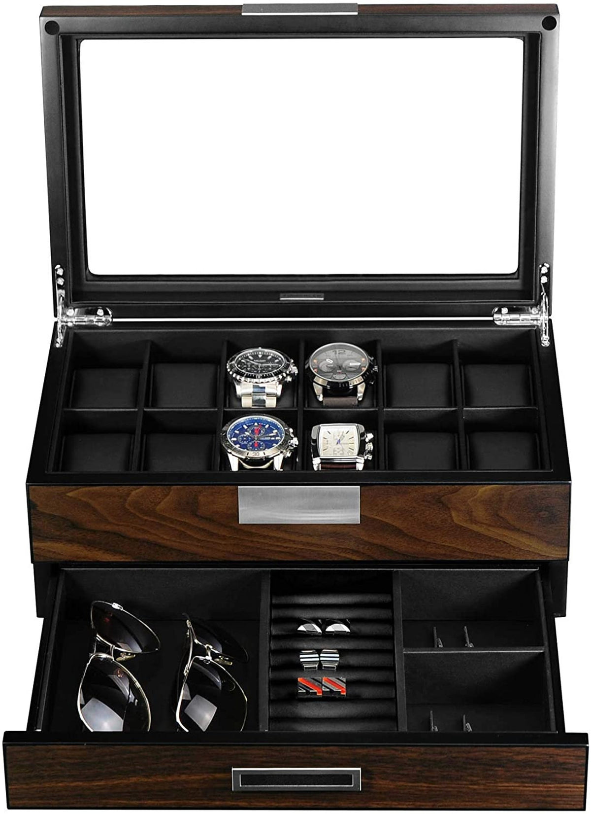 Custom Image Ebony Sunglasses and Watch Box, Faux Leather Watch Box, Ebony Jewelry Box for Him, Custom Logo Watch and Cufflink Case