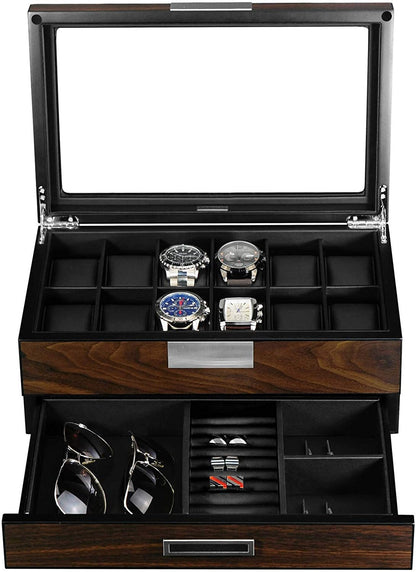 Custom Image Ebony Sunglasses and Watch Box, Faux Leather Watch Box, Ebony Jewelry Box for Him, Custom Logo Watch and Cufflink Case