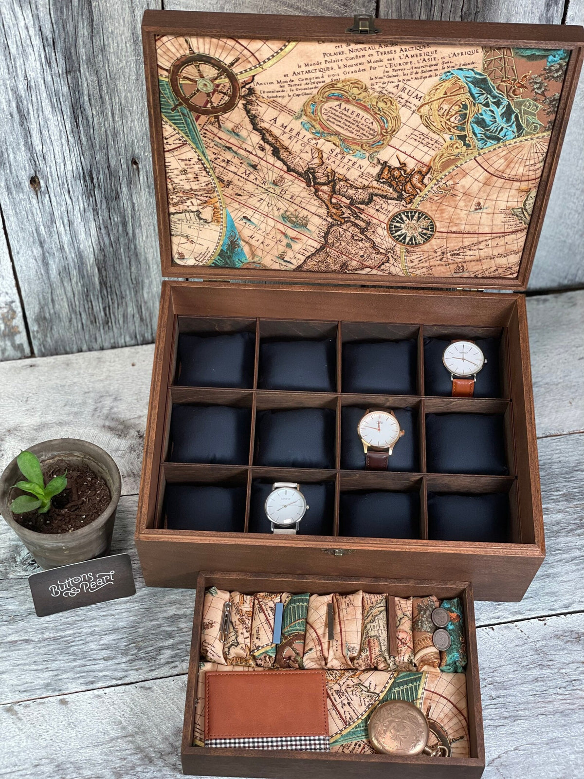 Wood Watch Box: 12 Compartment Organizer, Linen Valet Tray