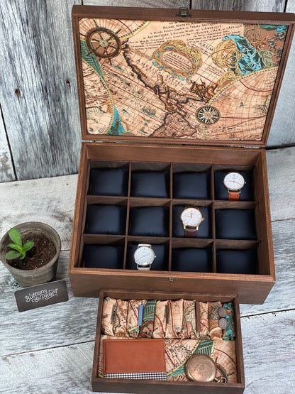 Wood Watch Box: 12 Compartment Organizer, Linen Valet Tray