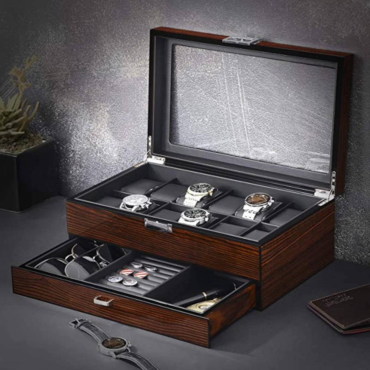 Watch Box For Men,Personalized Watch Storage Box with 6/10/12/20 Slots,Best Wood Organizer for Personal Stuff Like Airpods,small accessories