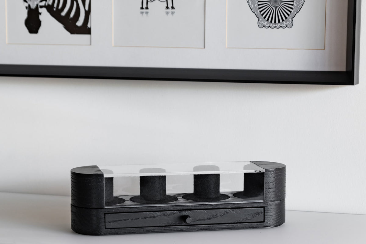 Walnut & Black Oak Watch Box with Drawer: Handmade Wood Watch Display Case