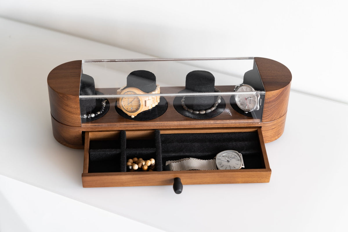 Walnut & Black Oak Watch Box with Drawer: Handmade Wood Watch Display Case