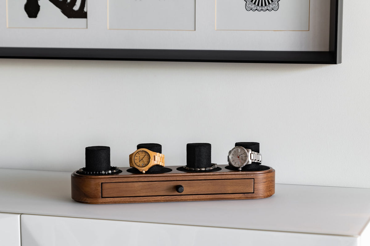 Walnut & Black Oak Watch Box with Drawer: Handmade Wood Watch Display Case