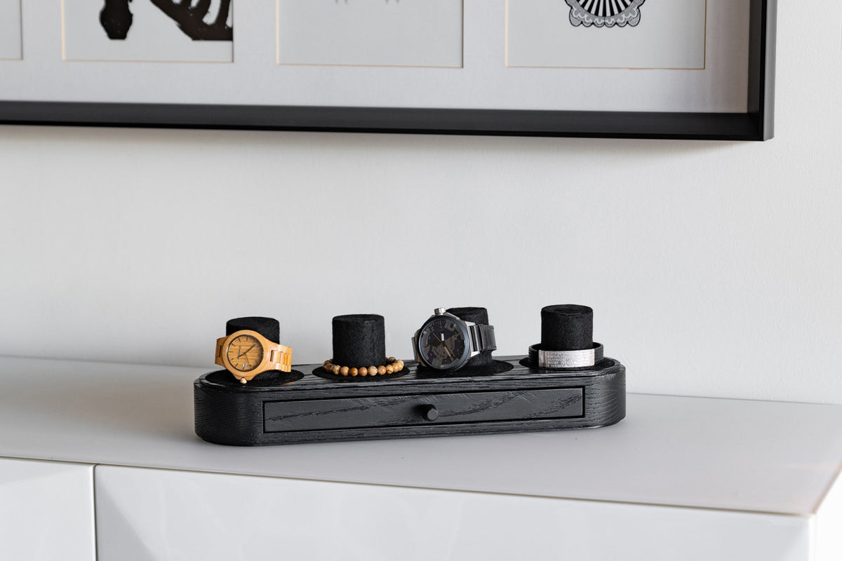 Walnut & Black Oak Watch Box with Drawer: Handmade Wood Watch Display Case