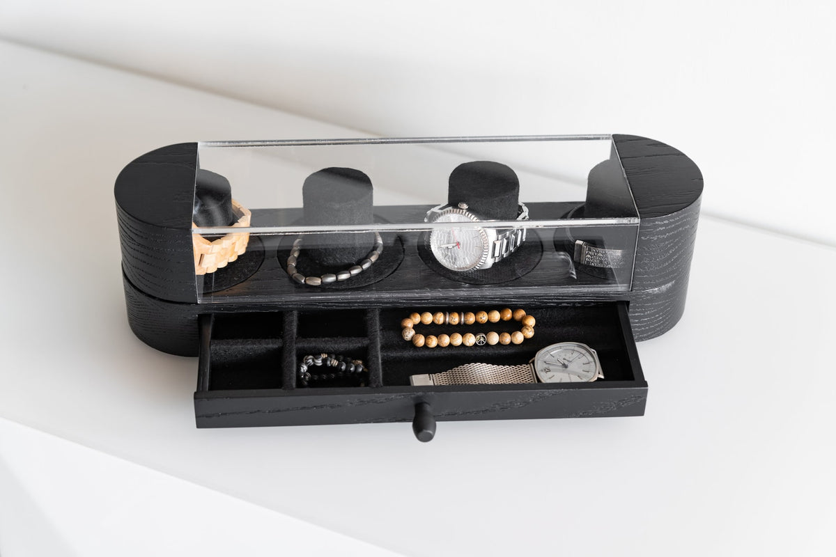 Walnut & Black Oak Watch Box with Drawer: Handmade Wood Watch Display Case