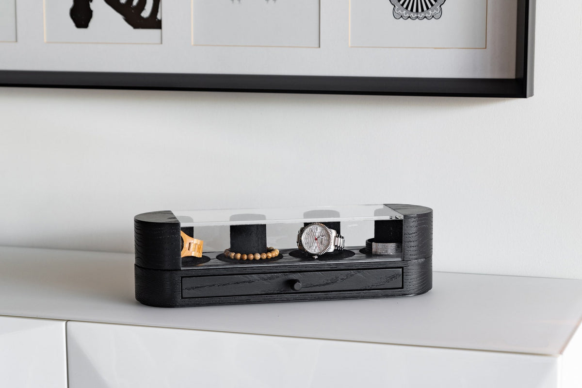 Walnut & Black Oak Watch Box with Drawer: Handmade Wood Watch Display Case