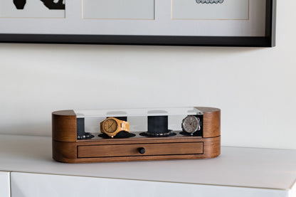 Walnut & Black Oak Watch Box with Drawer: Handmade Wood Watch Display Case