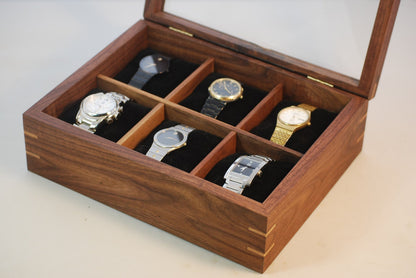 Watch Box with glass top - Holds 6 watches - Walnut