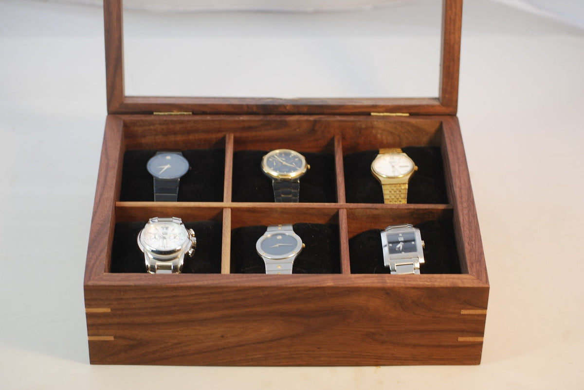 Watch Box with glass top - Holds 6 watches - Walnut
