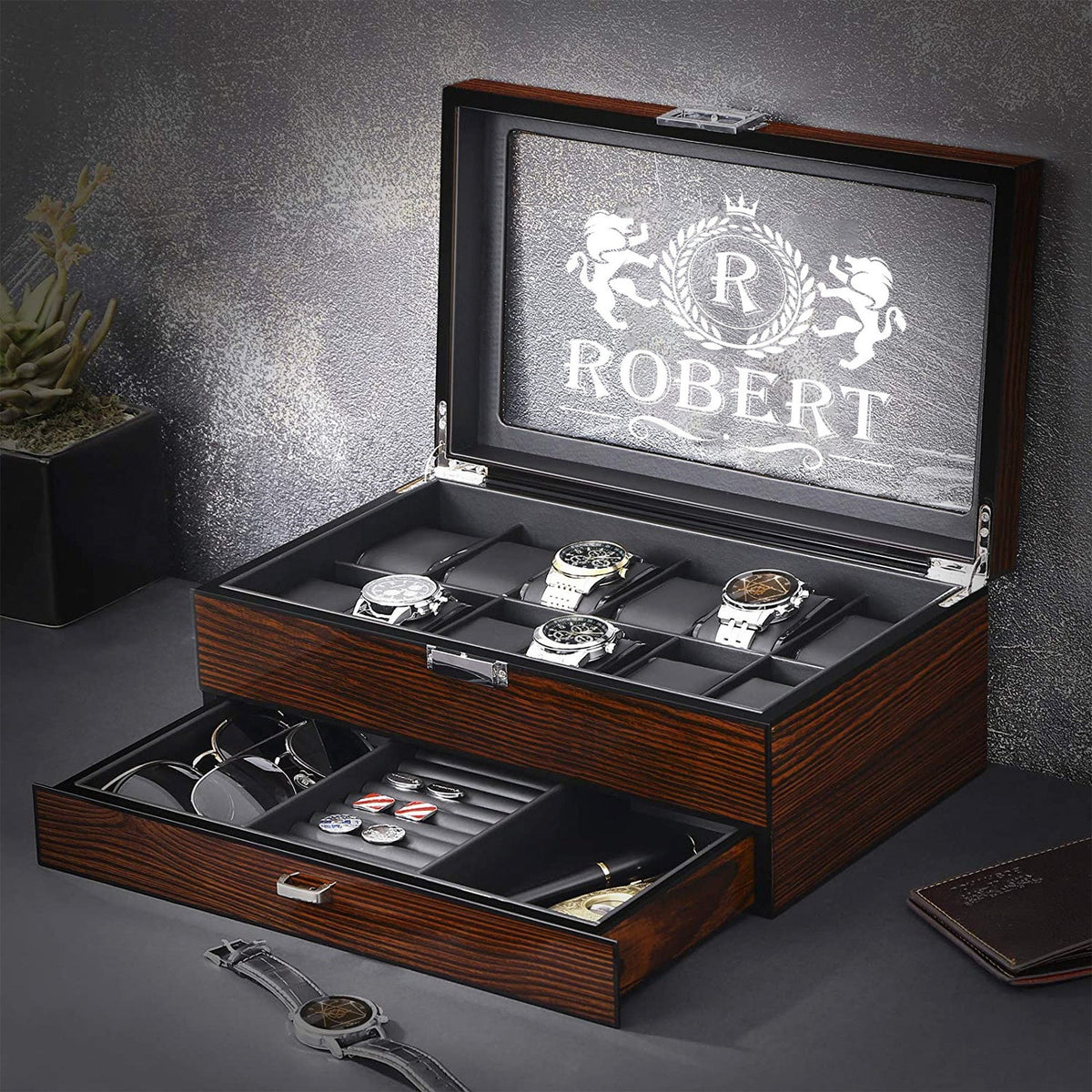 Personalized Watch Box For Men, Engraved Wooden Jewelry Display Organizer with Funny Quotes, Custom Christmas Gift For Him