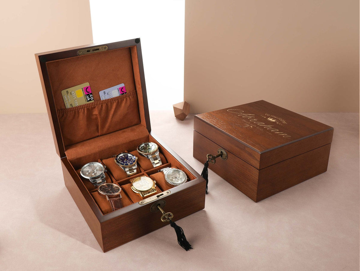 Engraved Wooden Watch Case, Personalized Watch Box, 6 Slots Watch Box, Custom Watch Box with Lock & Key, Watch Box for Men,Father's Day Gift
