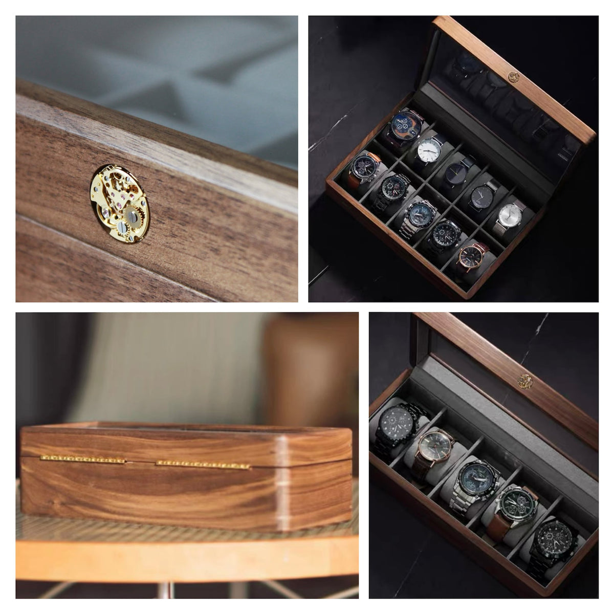 Glass Top Walnut Wood Watch Box: Vintage Jewelry Storage Container, 3 5 10 Slots Functional Holder