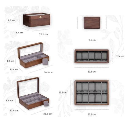 Glass Top Walnut Wood Watch Box: Vintage Jewelry Storage Container, 3 5 10 Slots Functional Holder