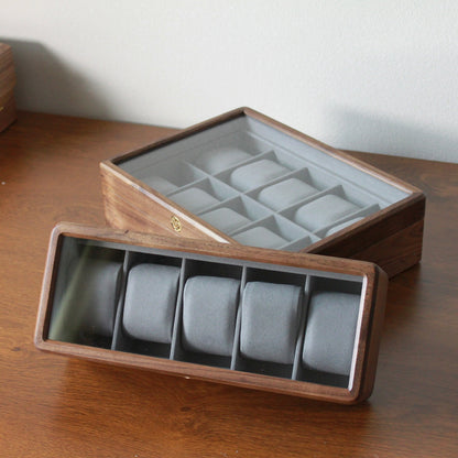 Glass Top Walnut Wood Watch Box: Vintage Jewelry Storage Container, 3 5 10 Slots Functional Holder
